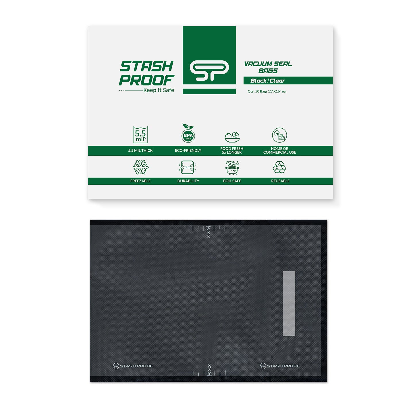 Stash Proof vacuum seal bags with packaging on a white background