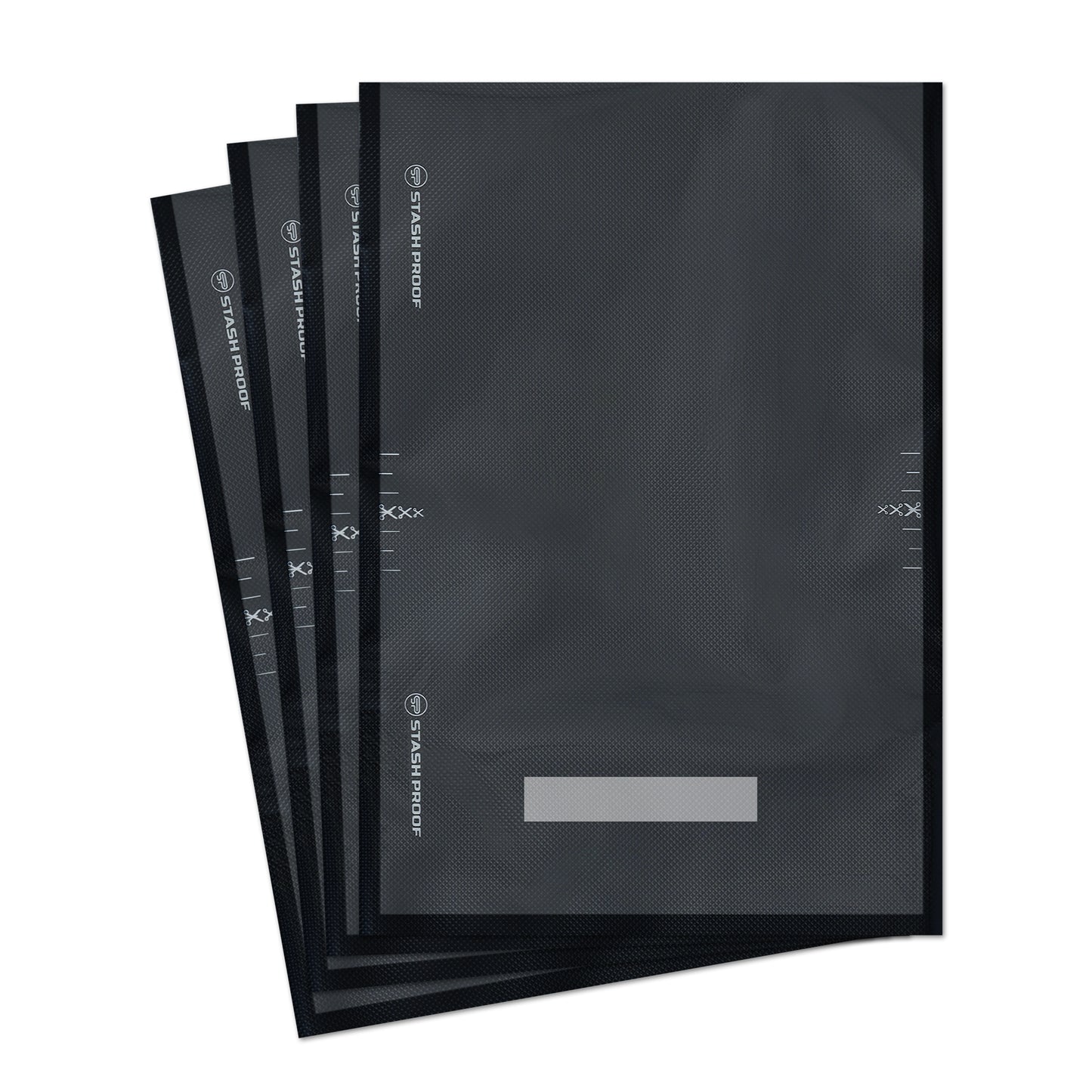 Stash Proof 11 by 16 inch vacuum seal bag showing off cut and measurement marks