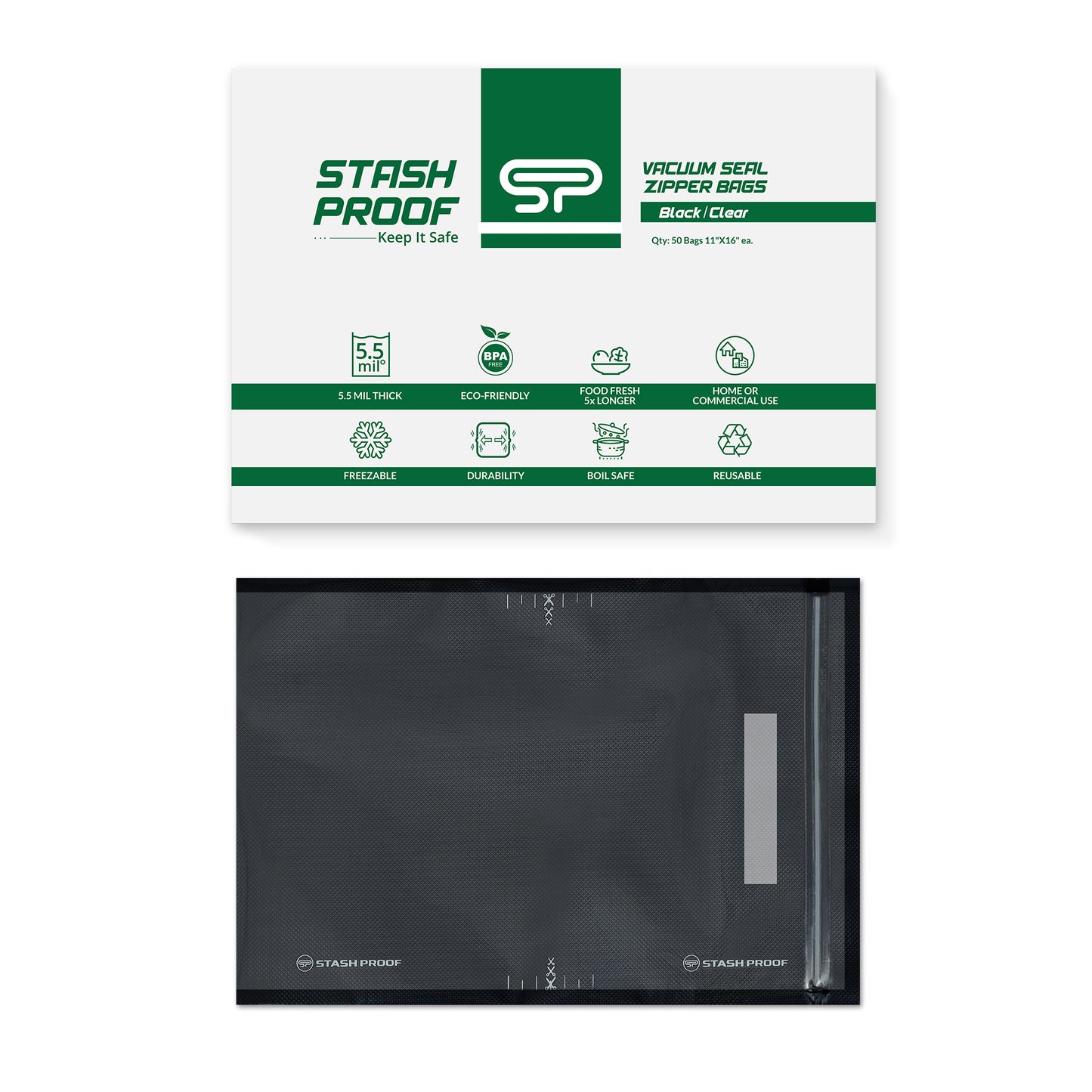 Stash Proof vacuum seal zipper bag packaging with black zipper on a white background