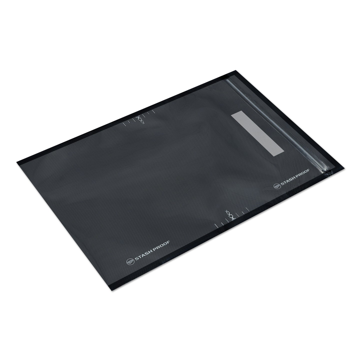 11 by 16 vaccum seal zipper bag laying on white background