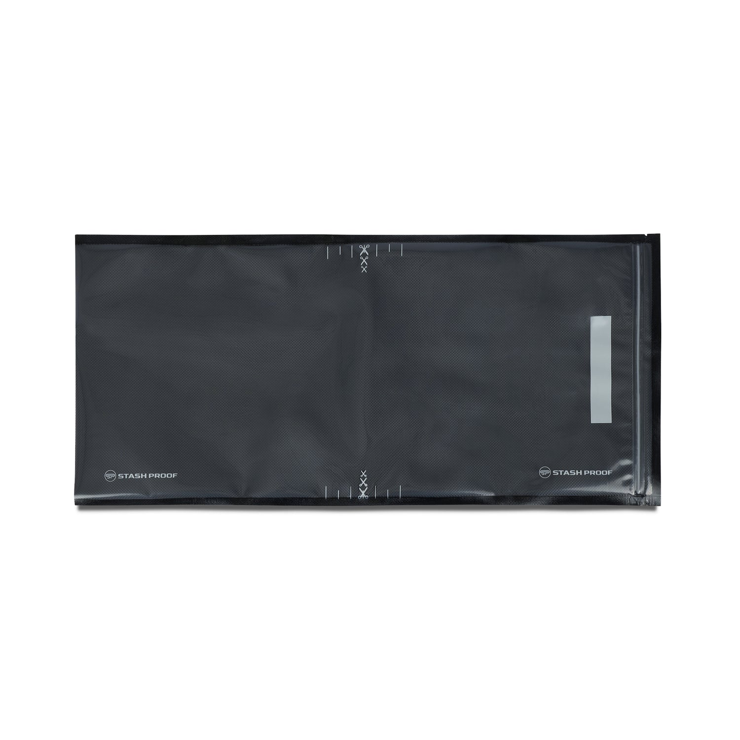 A single black and clear 11 by 24 inch vacuum sealer bag with zipper shown from above and laying flat