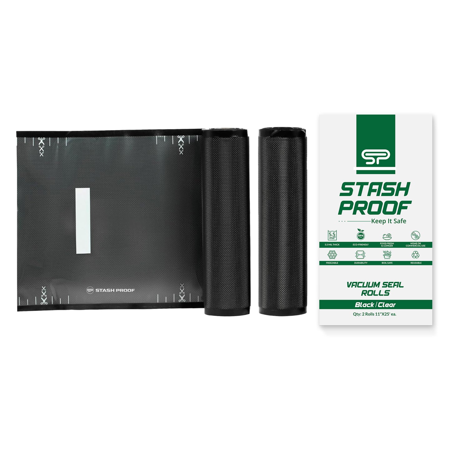 Vacuum sealer seal rolls black Stash Proof 5.5 Mil Durable Heavy Duty Vacuum Seal roll next to green and white box