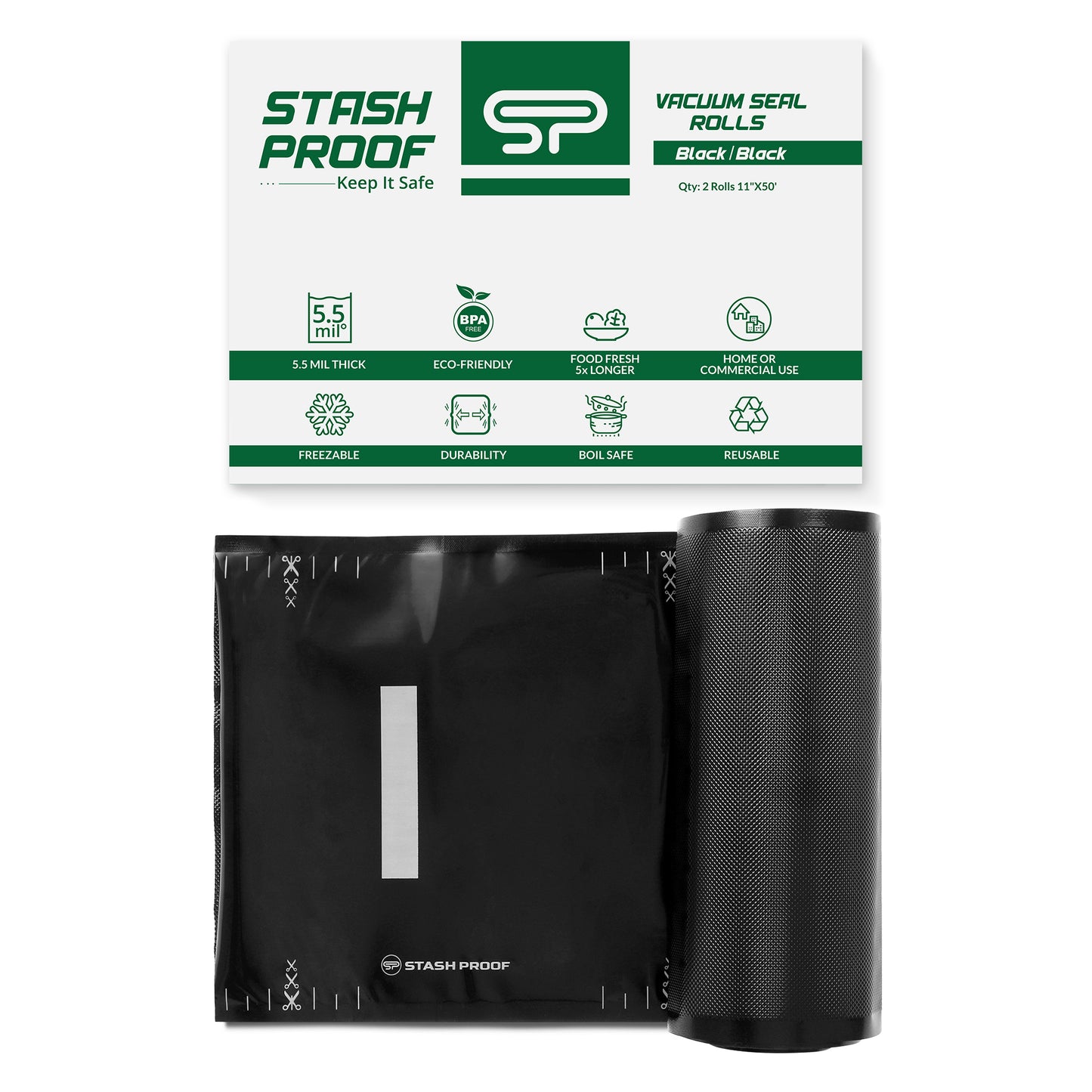 A two black and black vacuum seal roll with a white and green Stash Proof box on placed above it