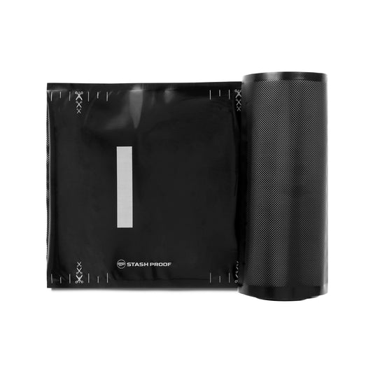 A single all black vacuum seal roll with the stash proof logo and cut marks are visible
