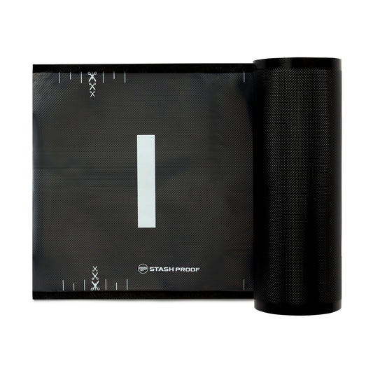 a vacuum seal roll that is clear and black with the Stash Proof logo on it