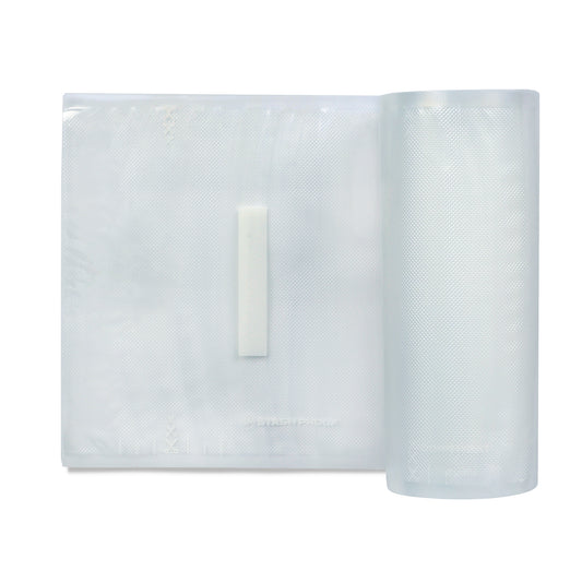 A single clear roll of vacuum seal bags slightly unrolled with label and Stash Proof logo showing