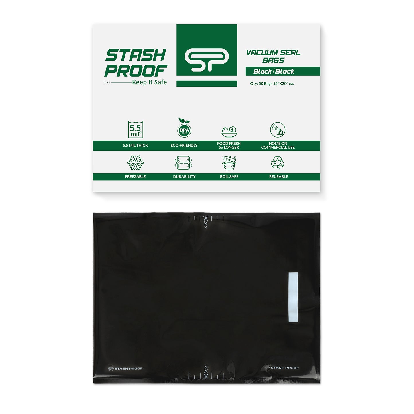 All Black vacuum bag that is 15 by 20 inches with a white and green box on top that says Stash Proof 5.5 Mil
