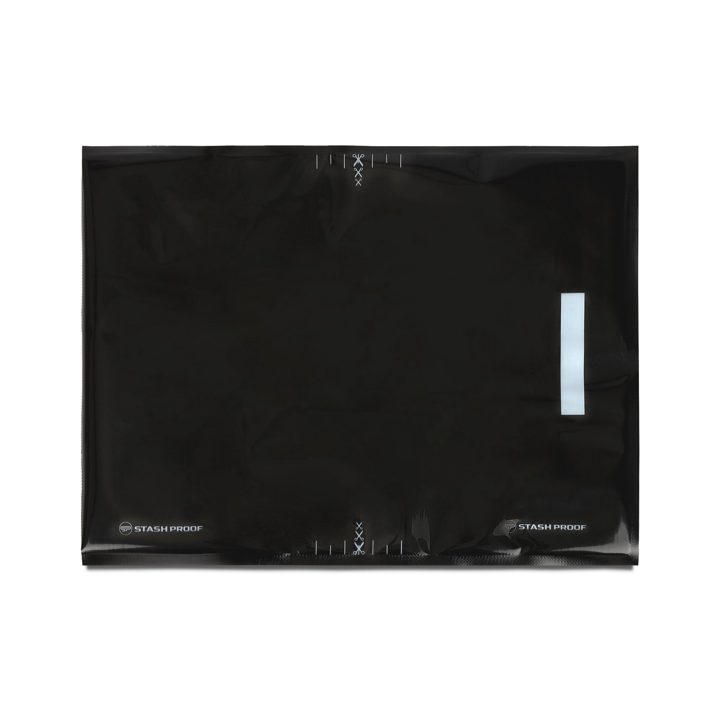 15 by 20 inch all black vacuum seal bag being view from the top cut marks and label space is visible