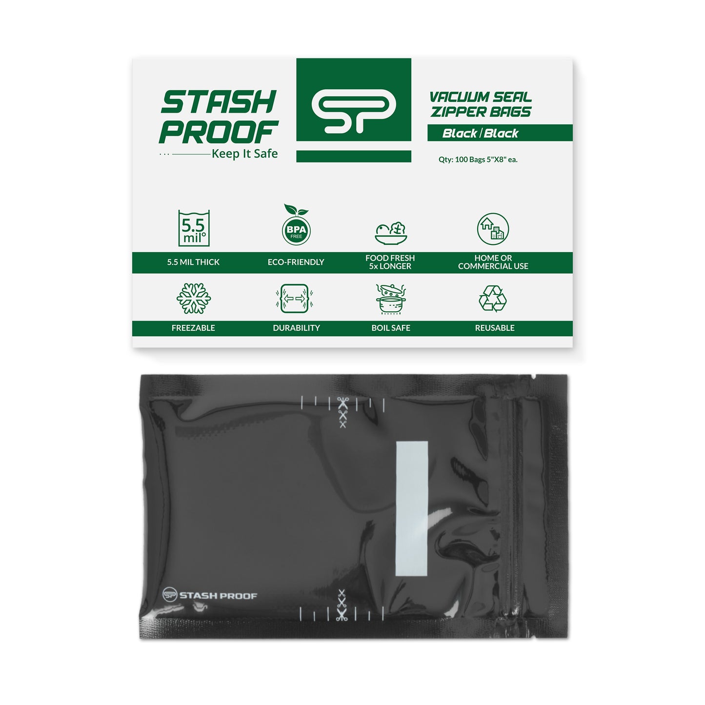 Stash Proof Black and Black Small 5 by 8 inch vacuum seal bag with green and white box with BPA Free and 5.5 Mil Thickness