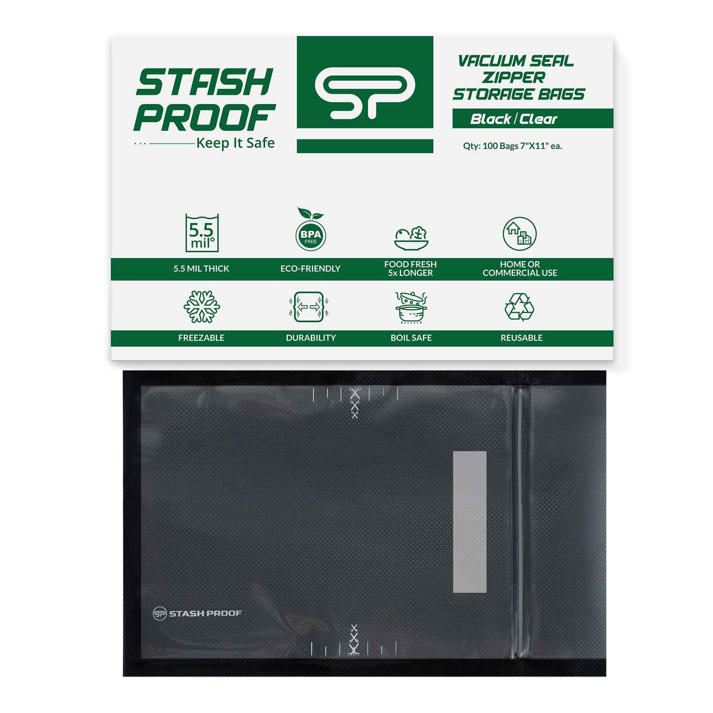 7 x 11 inch sealable storage bag sitting next to box on white background