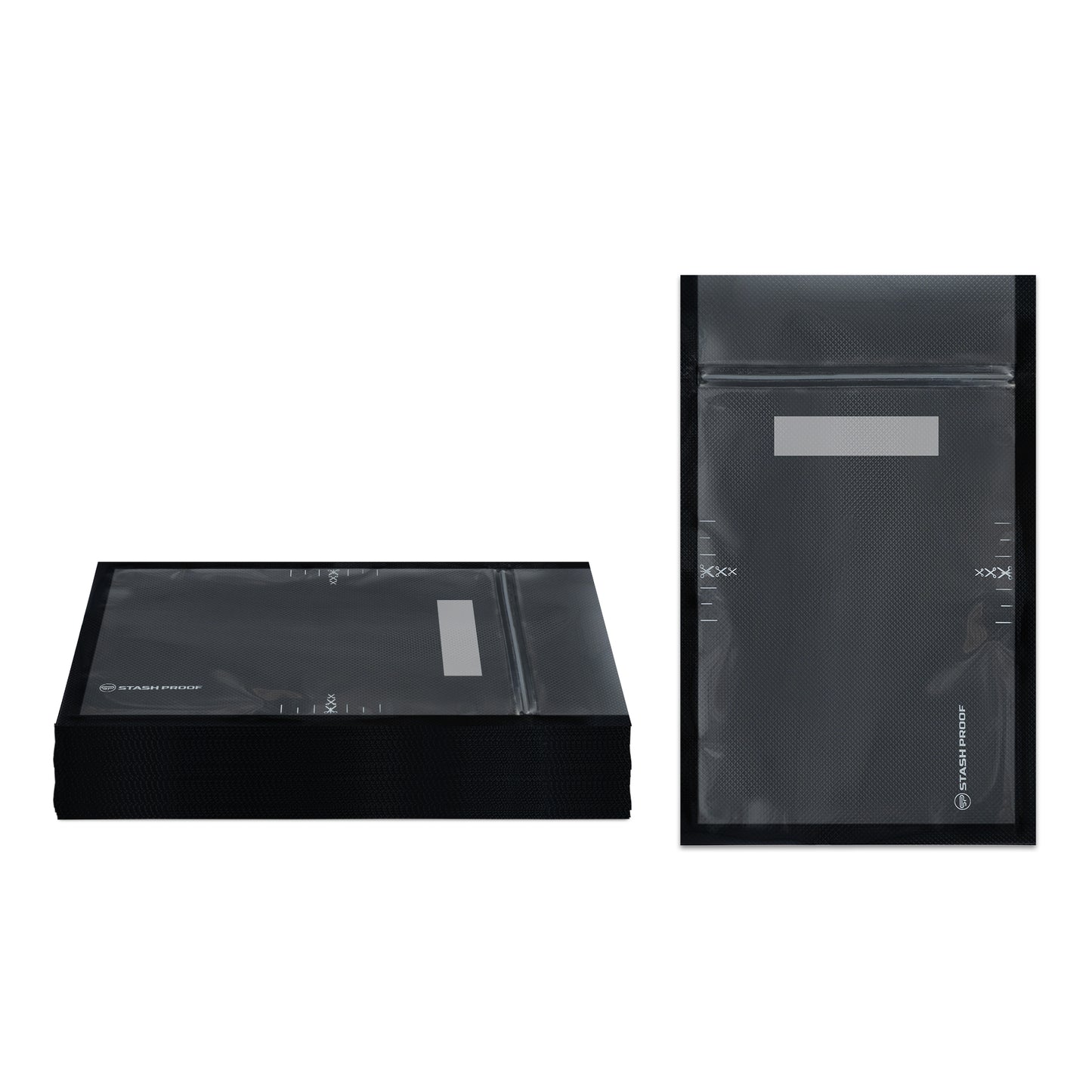 A stack of by 11 inch bags sitting down, one bag standing upright