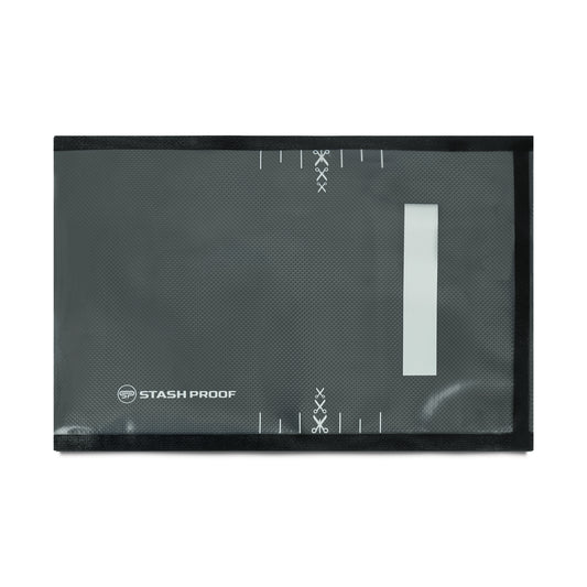 A single 8 by 12 inch vacuum seal back with clear and black coloring, a label area, measured cut lines and the Stash Proof logo