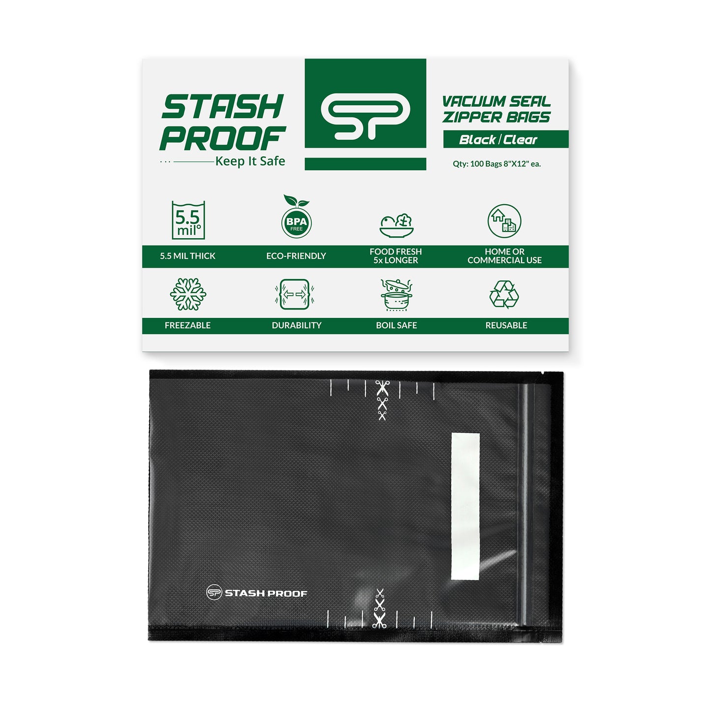 A single black and clear zipper vacuum seal bag with a white and green box placed above it