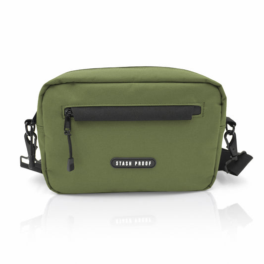 A front hero shot of the Stash Proof Rover bag in olive green showcasing the front pocket and zipper