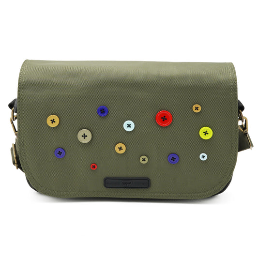 Front of button bag with multiple size and color buttons decorate the front.