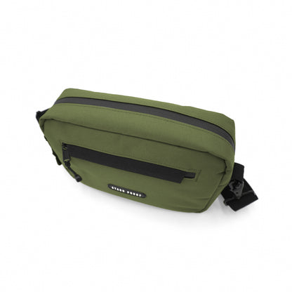 A top view of the Rover olive green crossbody and shoulder bag, showing the zipper and odor resistant material
