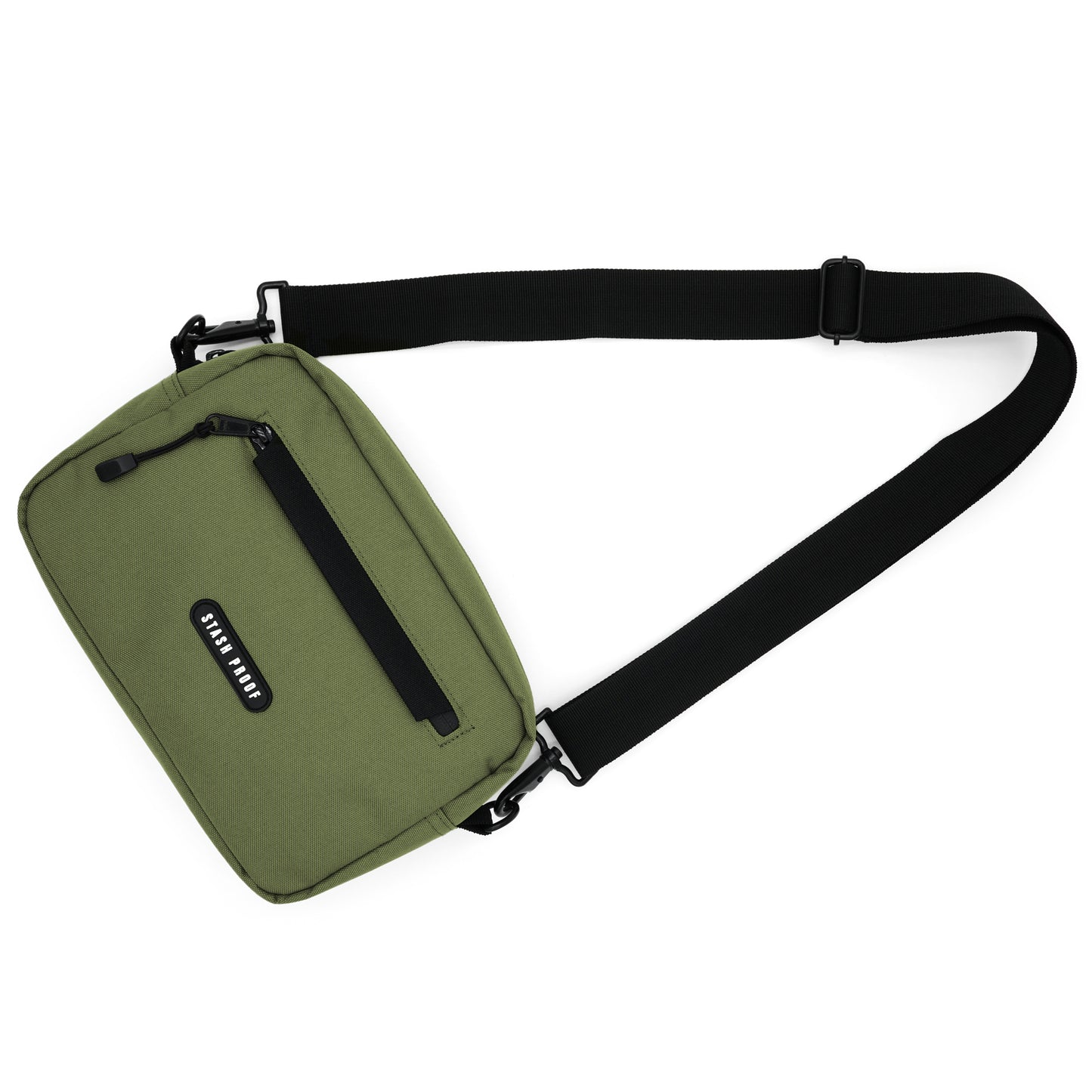 An olive green Stash Proof smell proof bag with strap, picture is taken at an angle