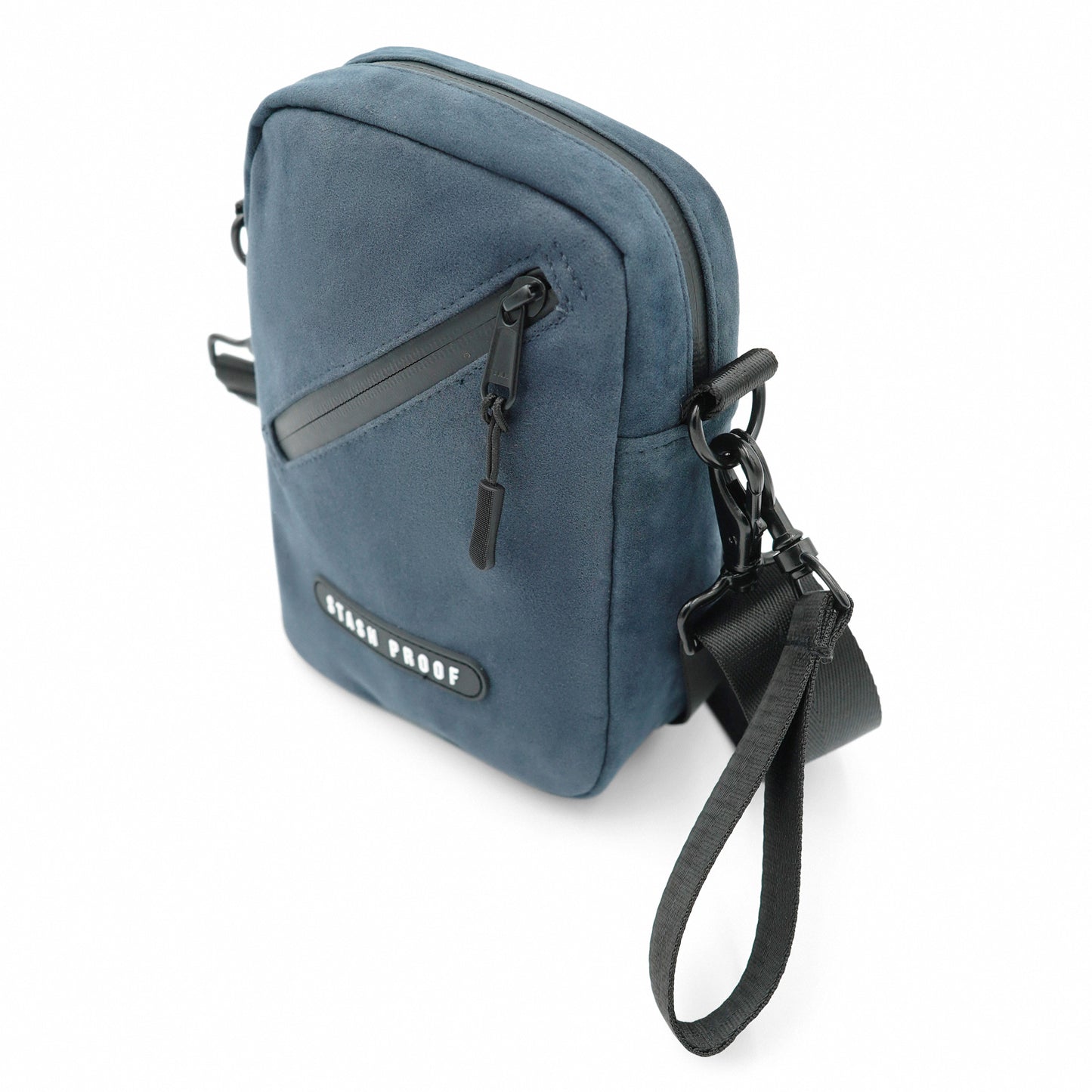 Stash Bag in Suede Black with belt loop sitting on white background featuring front zipper