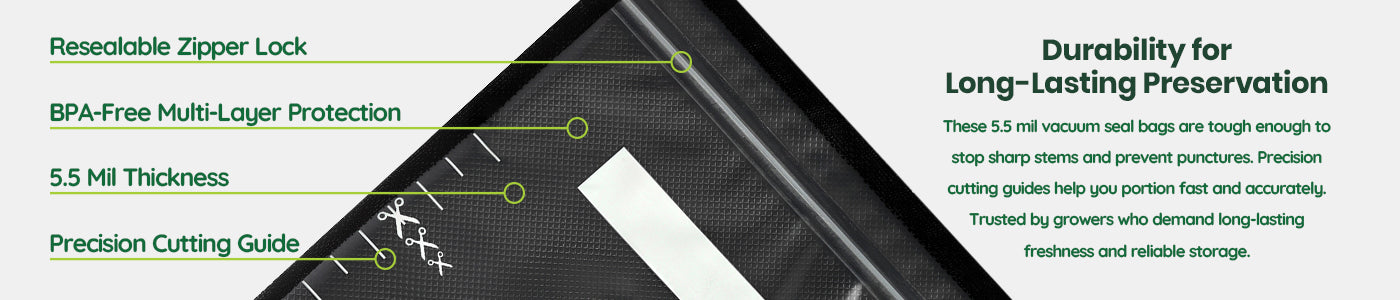 8 by 12 zipper vacuum seal bag with text detailing features like resealable zipper lock, BPA-free multi-layer protection, durability for long-lasting preservation, precision cutting guide, and 5.5 mil thickness.