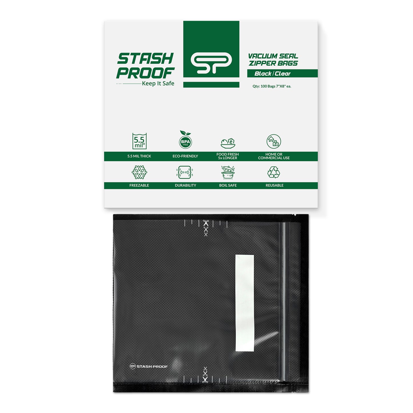 7x8 Inches Vacuum Seal Bag sitting under green and white product box