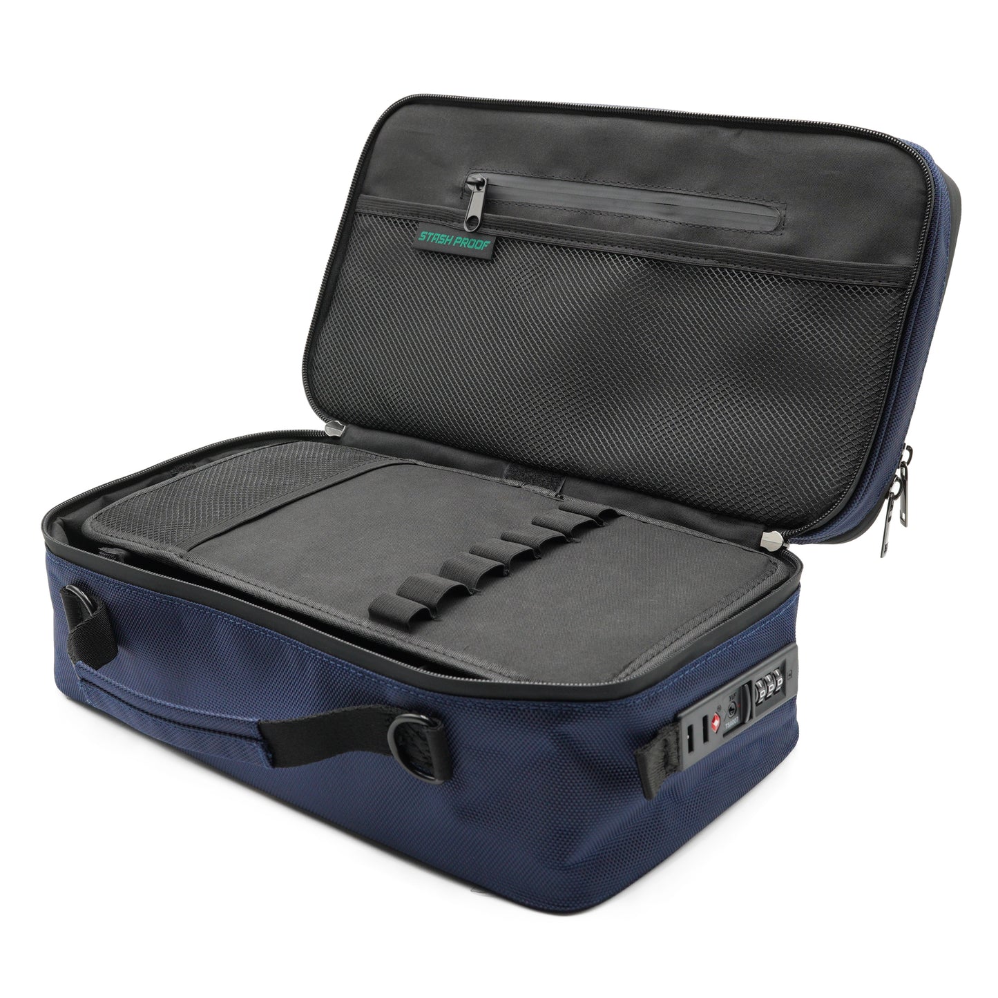 The main compartment of SBOX open revealing removable organizer tray with elastic loops