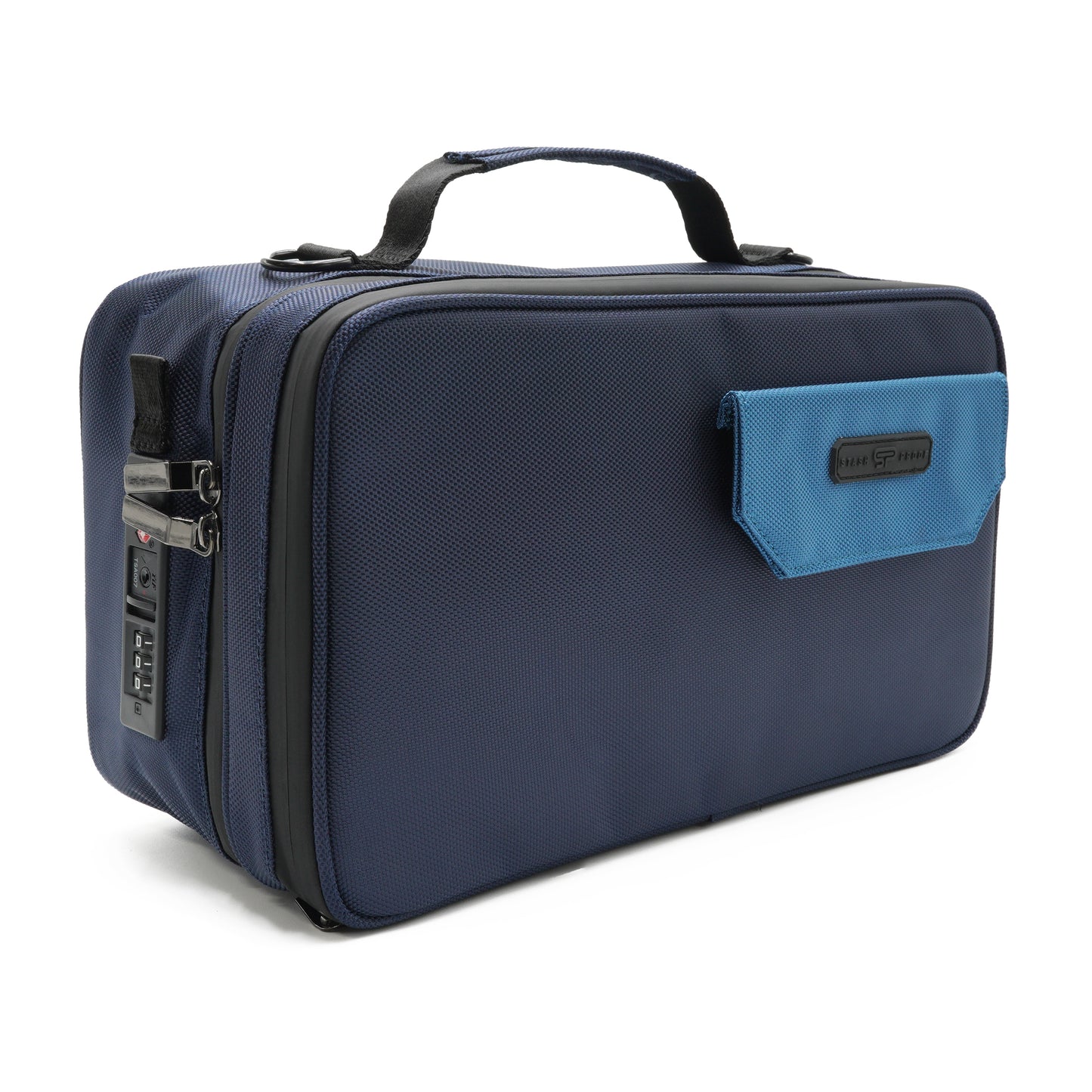 Side of Blue SBox with TSA lock and black hardware