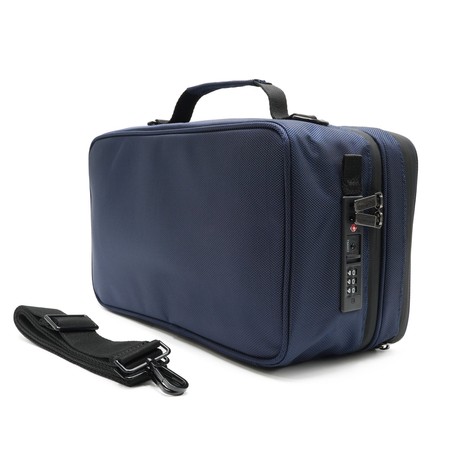 The backside of the smell proof bag with multiple compartments and adjustable strap