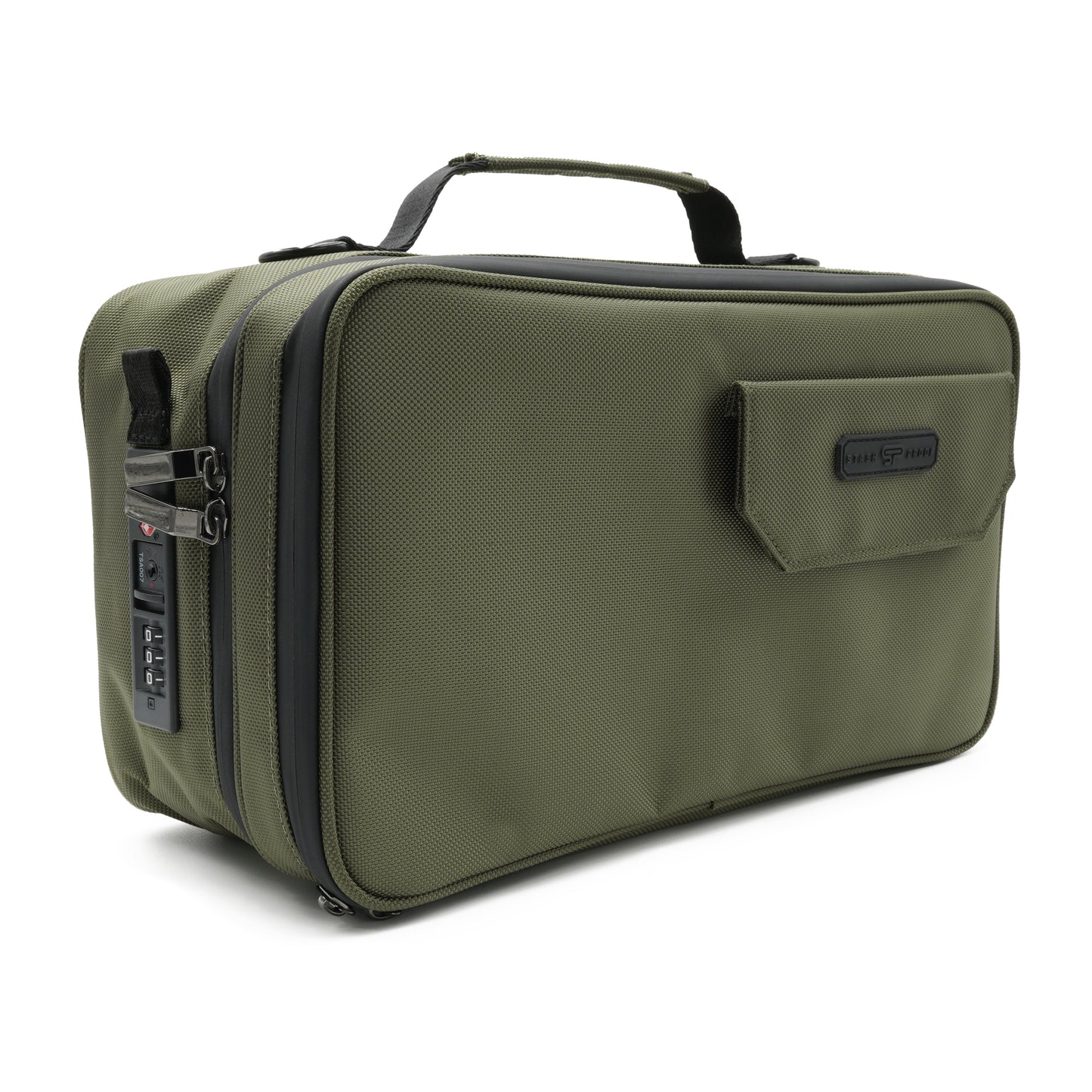 3/4 view of Stash Box with Lighter Pocket, Handle, and TSA Lock Made from Polyester