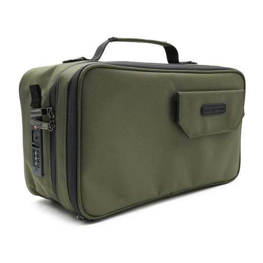 3/4 view of Stash Box with Lighter Pocket, Handle, and TSA Lock Made from Polyester