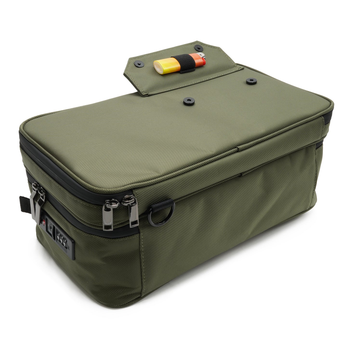 Stash Box by Stash Proof showing front pocket lighter holder with magnetic clasps and TSA locks on main compartment