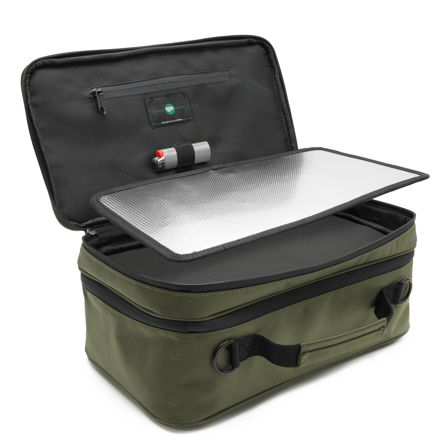 Stash Box in Green with removal tray being removed from bag revealing the bottom of compartment.
