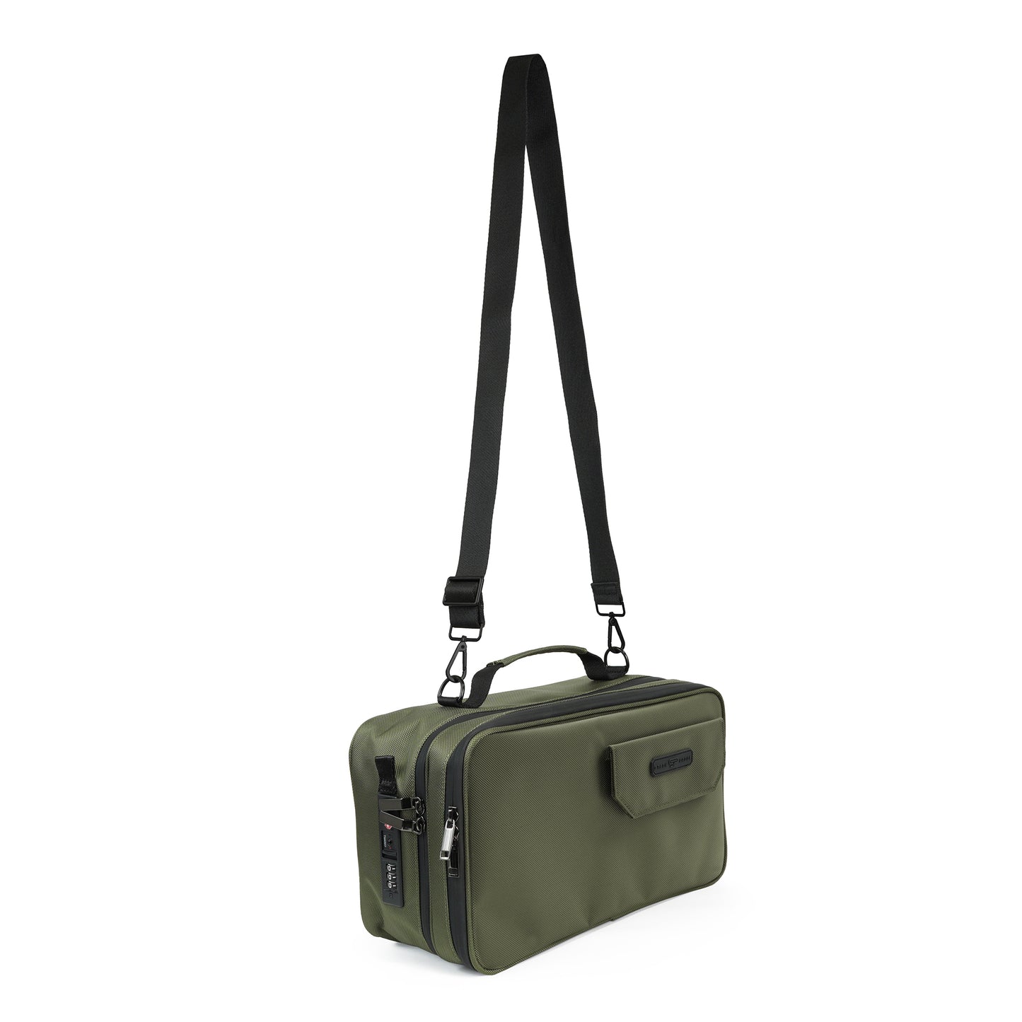 Green Stash Box with a black strap on a white background