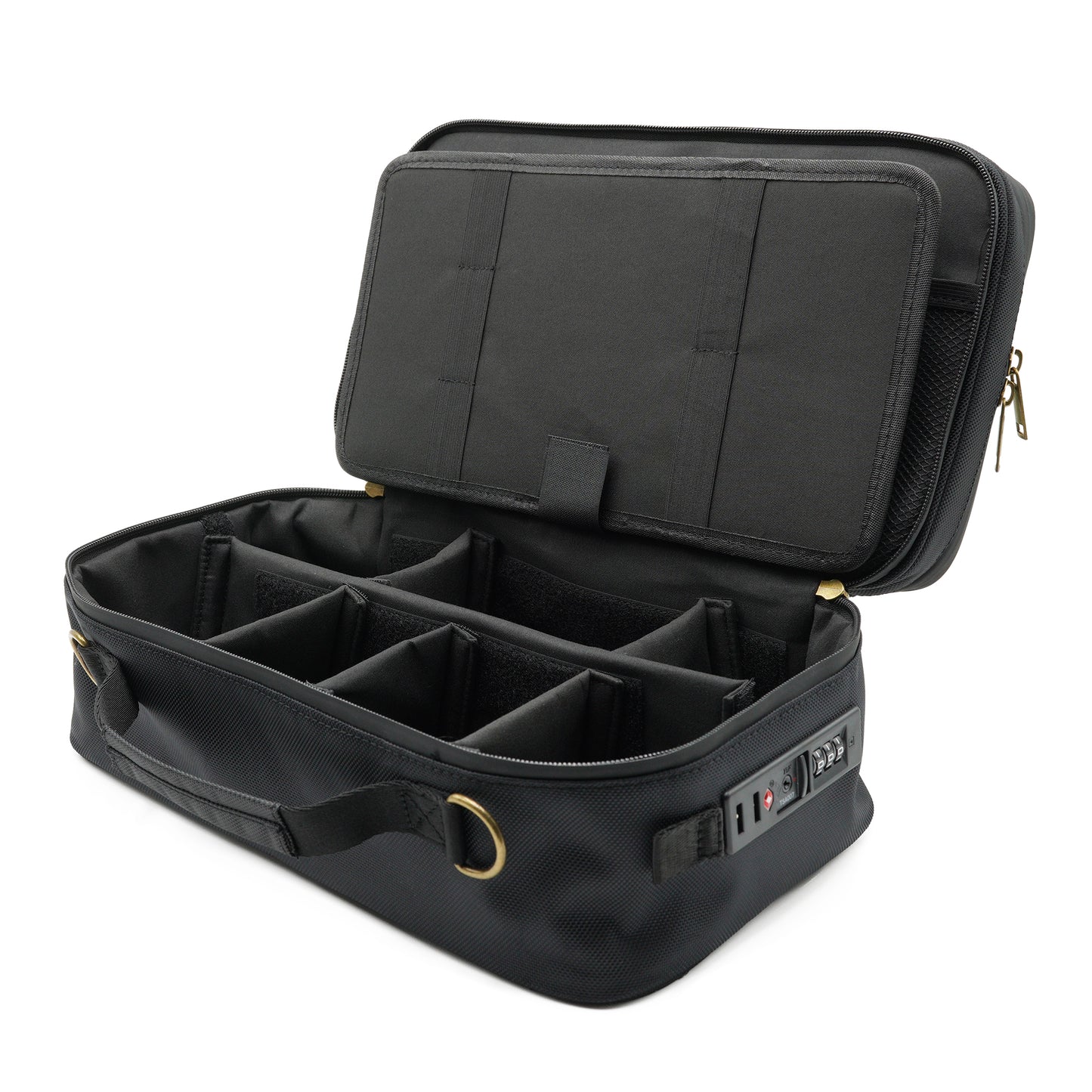 Main compartment of Stash Box showing 6 removable and adjustable padded dividers
