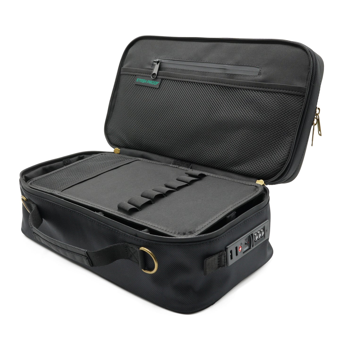 Black Stash Box open showing removable organize tray with elastic bands