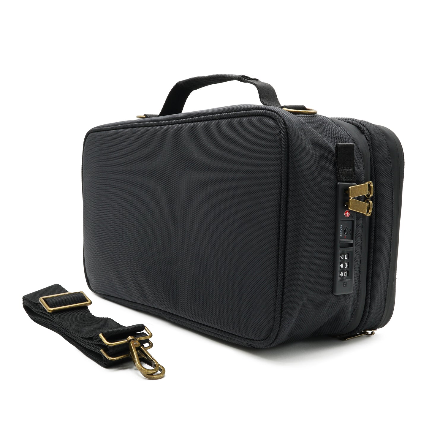Black Sbox showing back of bag, tsa lock, and adjustable strap.