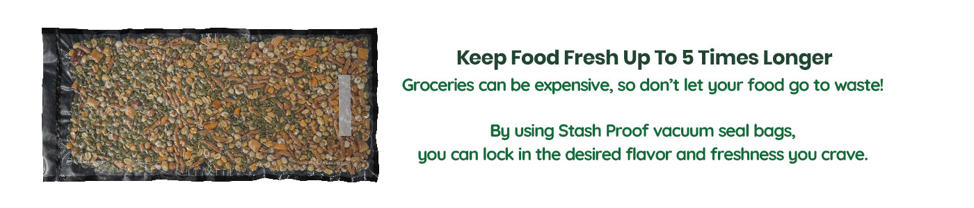 11 by 24 Vacuum seal bag with text about extending food freshness and saving money on groceries.