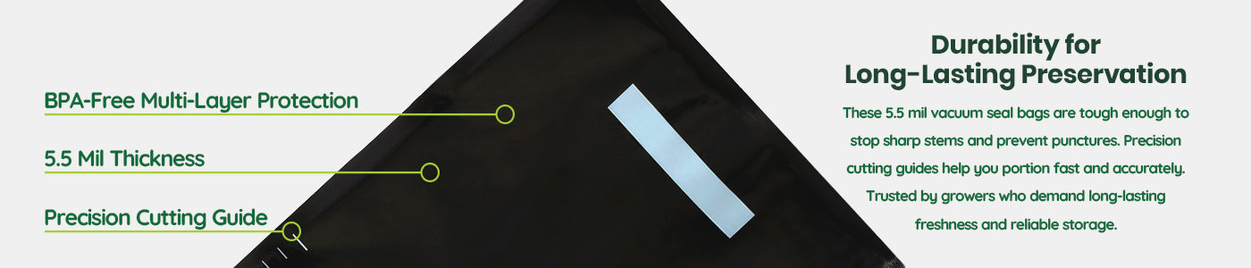 Product packaging with text highlighting features like BPA-free multi-layer protection, durability for long-lasting preservation, and precision cutting guide.
