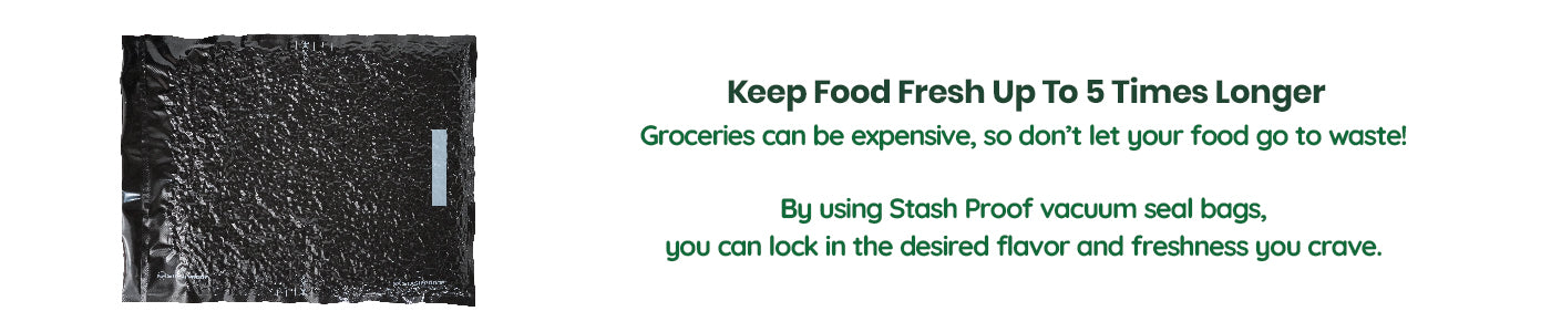 15 by 20 all black Vacuum seal bag with text about extending food freshness and saving money on groceries.