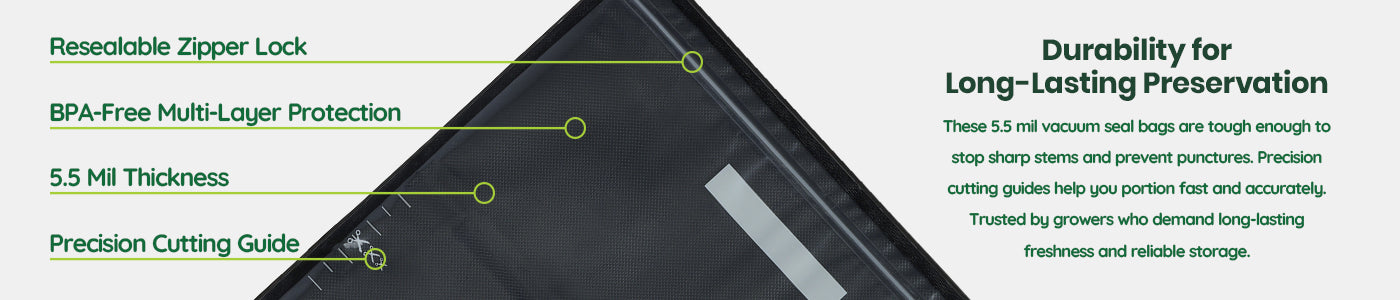15 by 20 Vacuum seal bag with durability features BPA free, 5.5 Mil thickness, and precision cutting guide on beige background