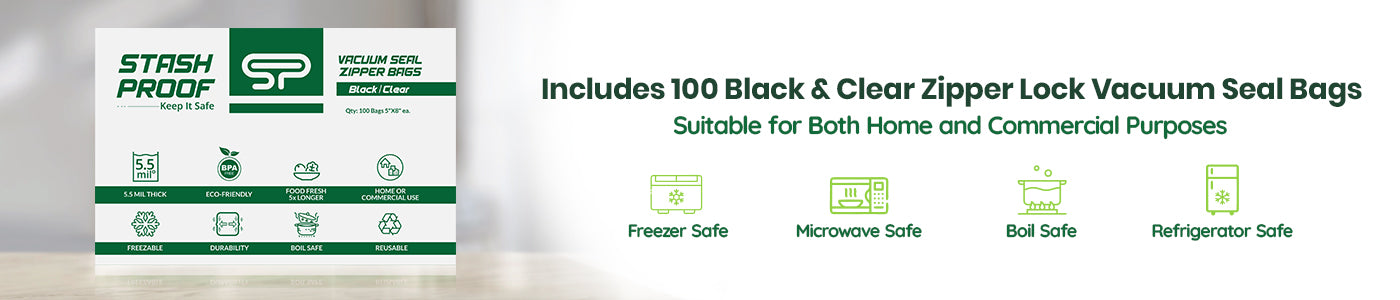 Vacuum seal bags packaging with branding and product features on a white background