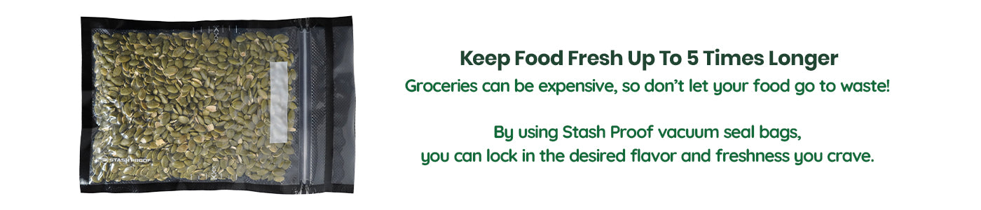 Vacuum seal bag with food and text about extending food freshness.