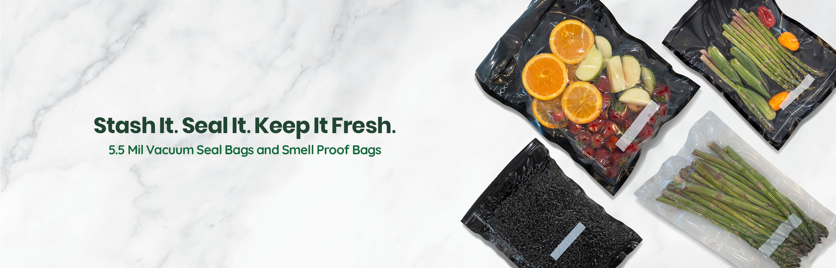 vacuum seal bag with food laying on marble counter