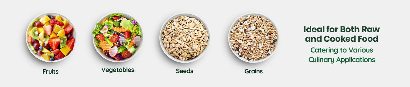 Four bowls labeled 'Fruits', 'Vegetables', 'Seeds', and 'Grains' with text indicating suitability for raw and cooked food.