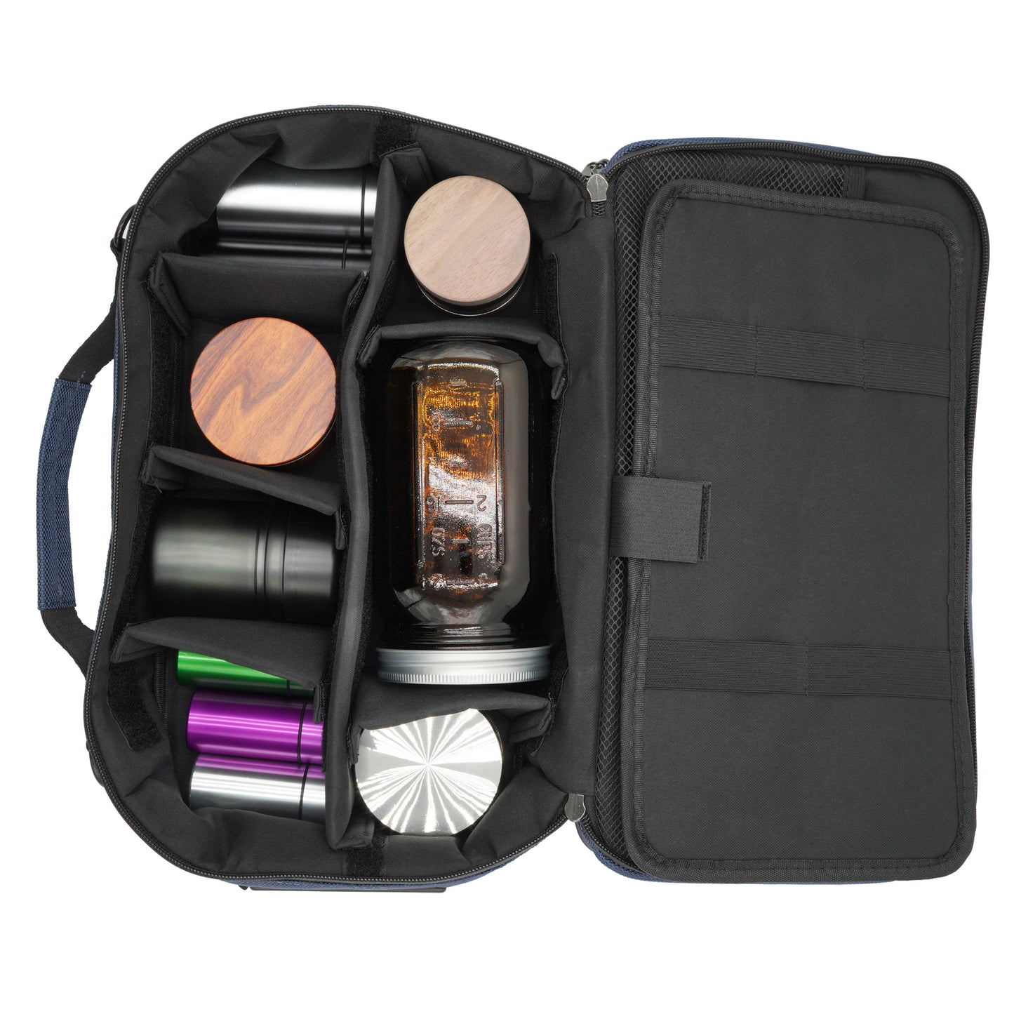 Stash Box in Blue With accessories inside showing removable and adjustable padded dividers with jars and grinder
