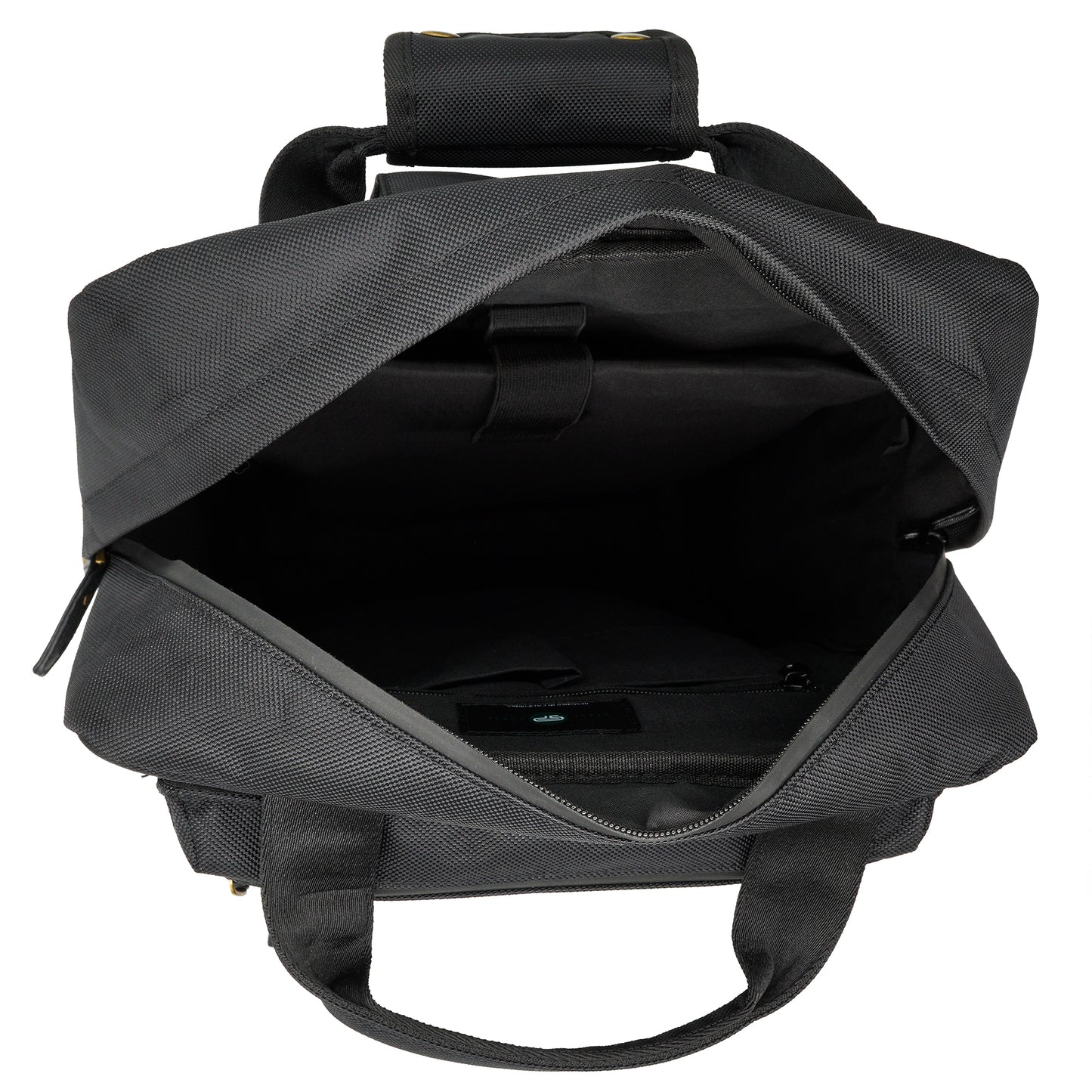 Inside of the Runner, two organizer pocket, carbon lined zipper pocket, laptop carrying pad, and pencil holders