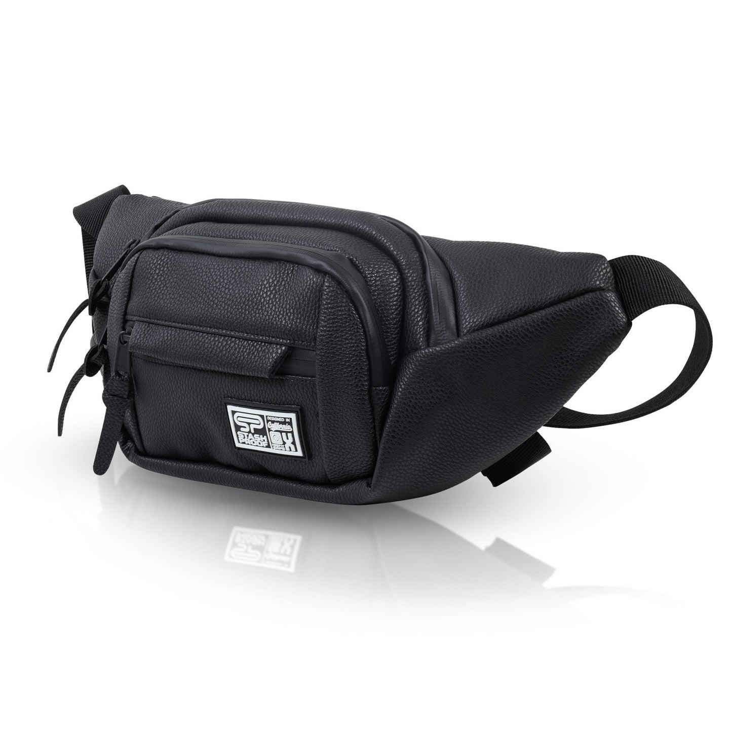 Transporter vegan leather crossbody and belt bag on white background.