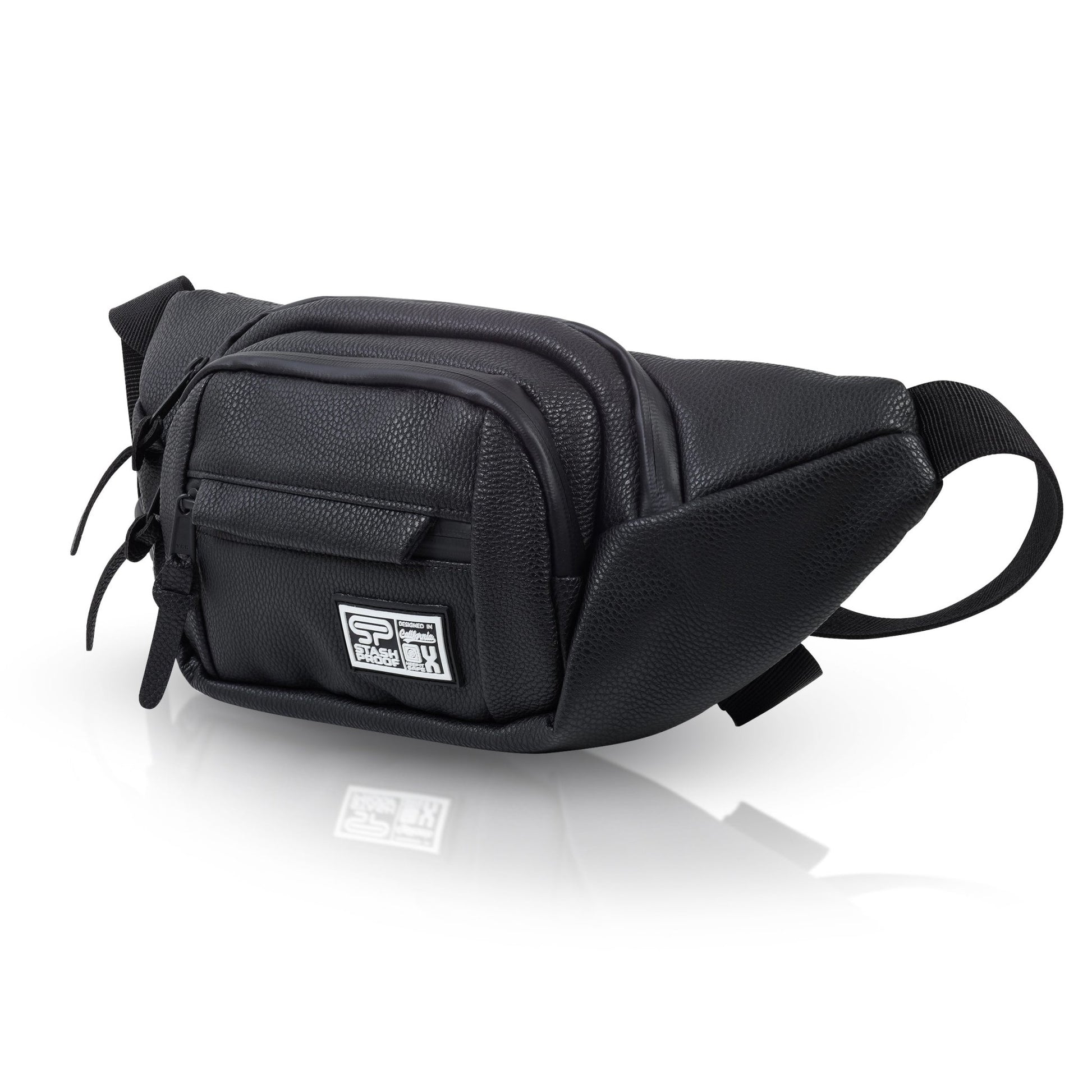 Transporter vegan leather crossbody and belt bag on white background.