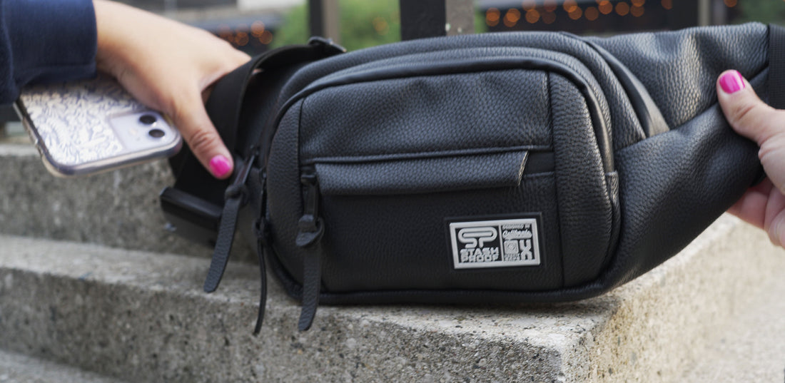 Woman's hand transporter fanny pack belt bag in faux leather