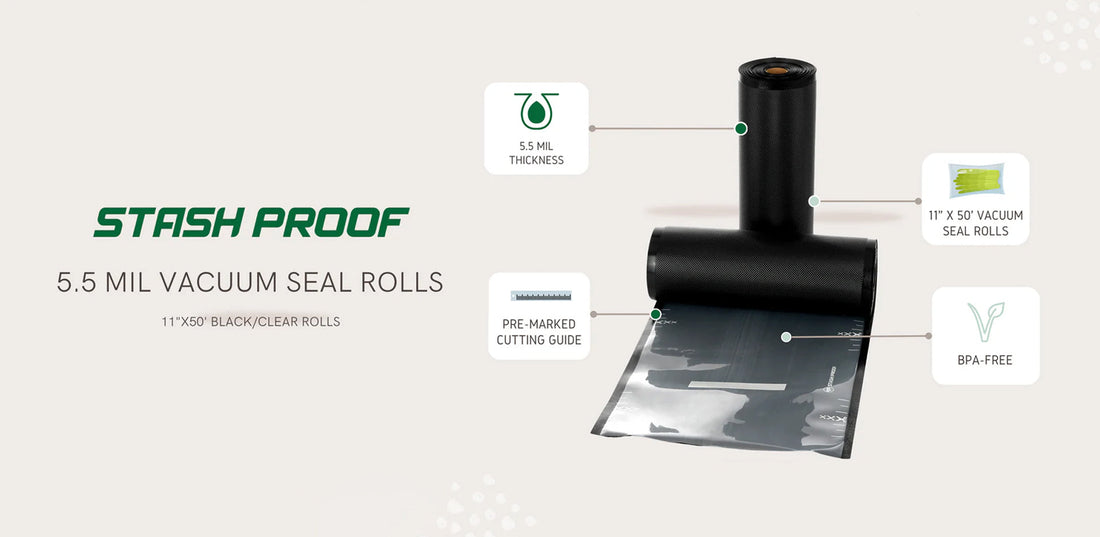 Stash Proof 5.5 mil vacuum seal bags with BPA-free and cutting-guide features