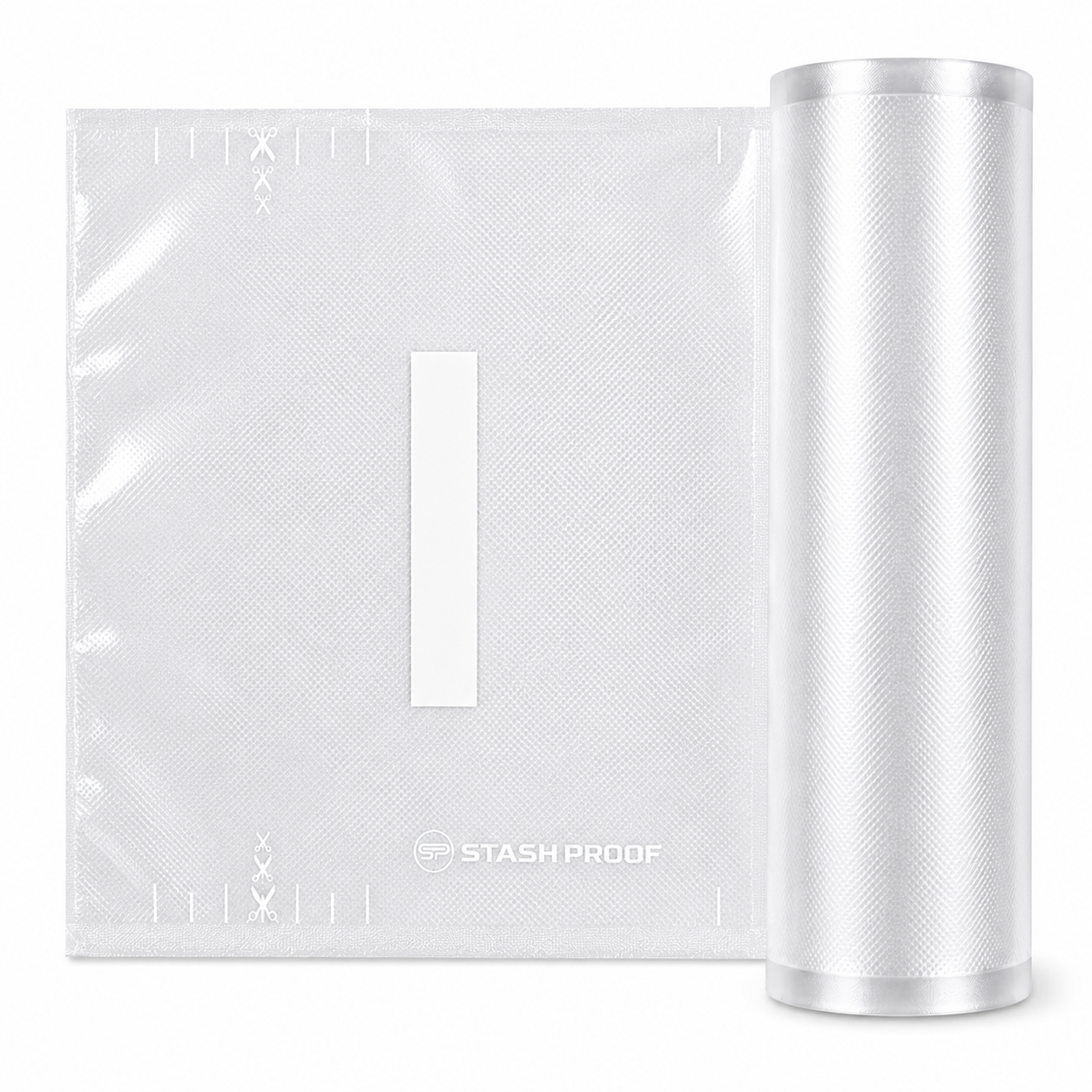 A roll of clear, semi-transparent clear vacuum seal storage bags with a square sample sheet displayed next to it, featuring the Stash Proof brand logo on a clean white background.